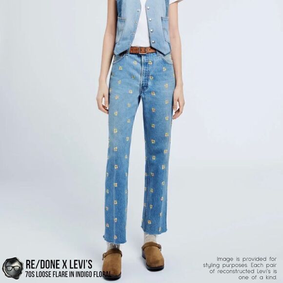 RE/DONE X LEVI’S 70s FLORAL EMBROIDERED RECONSTRUCTED VINTAGE JEANS CROPPED 26 - Picture 3 of 15